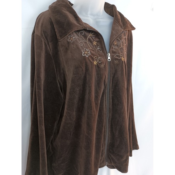 brown fall velvet gold embroidered floral zipup jacket plus size2X - Picture 5 of 7